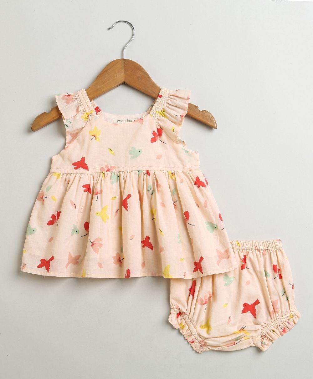 Bird Print Top and Bloomer Co-ord Set - Peach