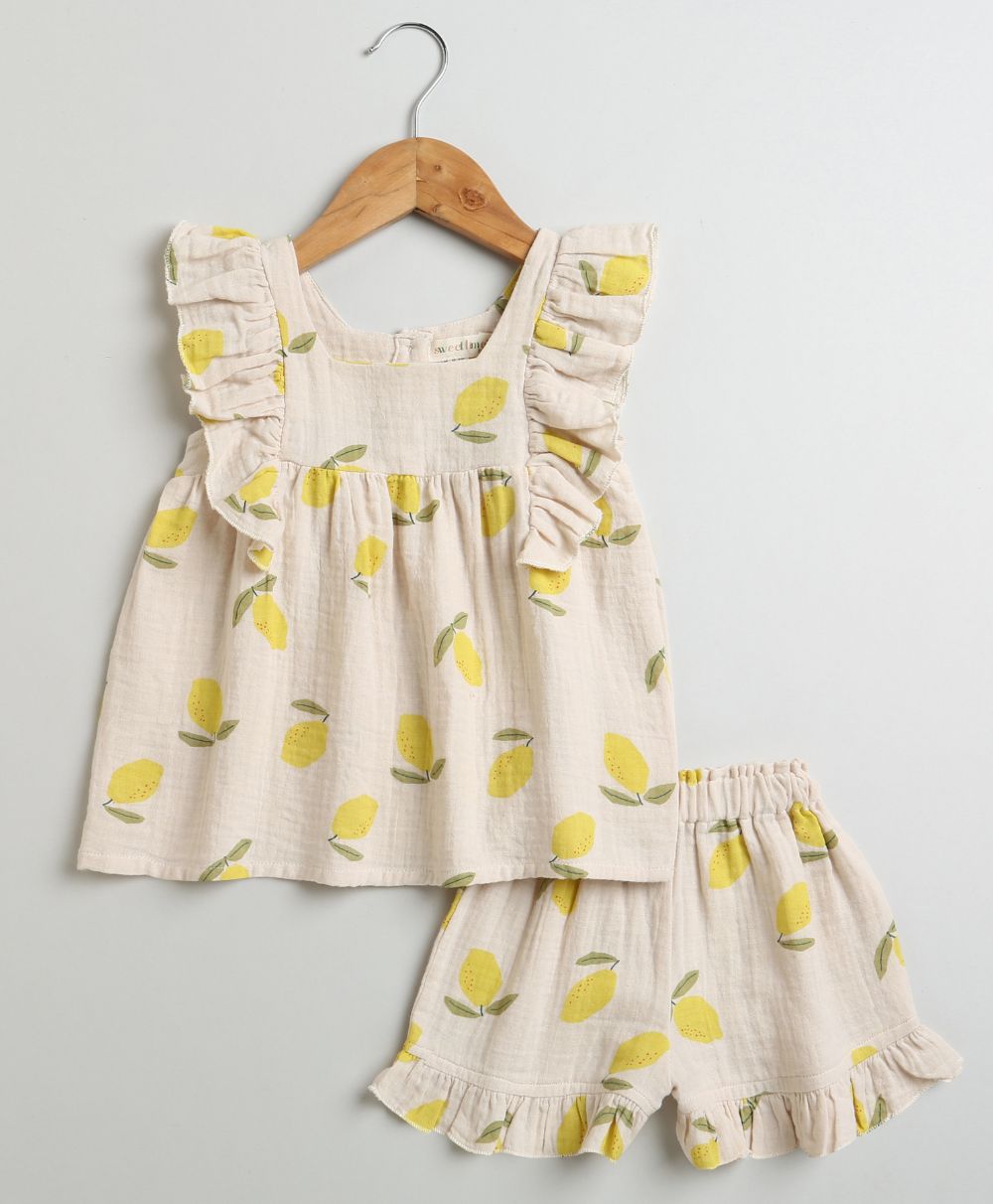 Lemon Print Ruffle Organic Cotton Co-ord Set - Beige