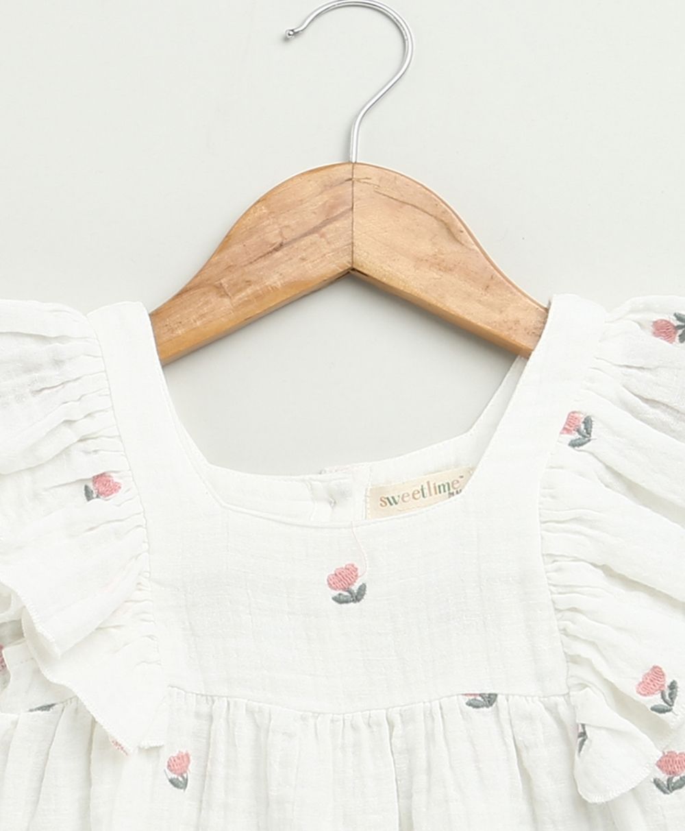 Pink Floral Embroidery Ruffle Organic Cotton Co-ord Set - White
