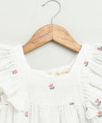 Pink Floral Embroidery Ruffle Organic Cotton Co-ord Set - White