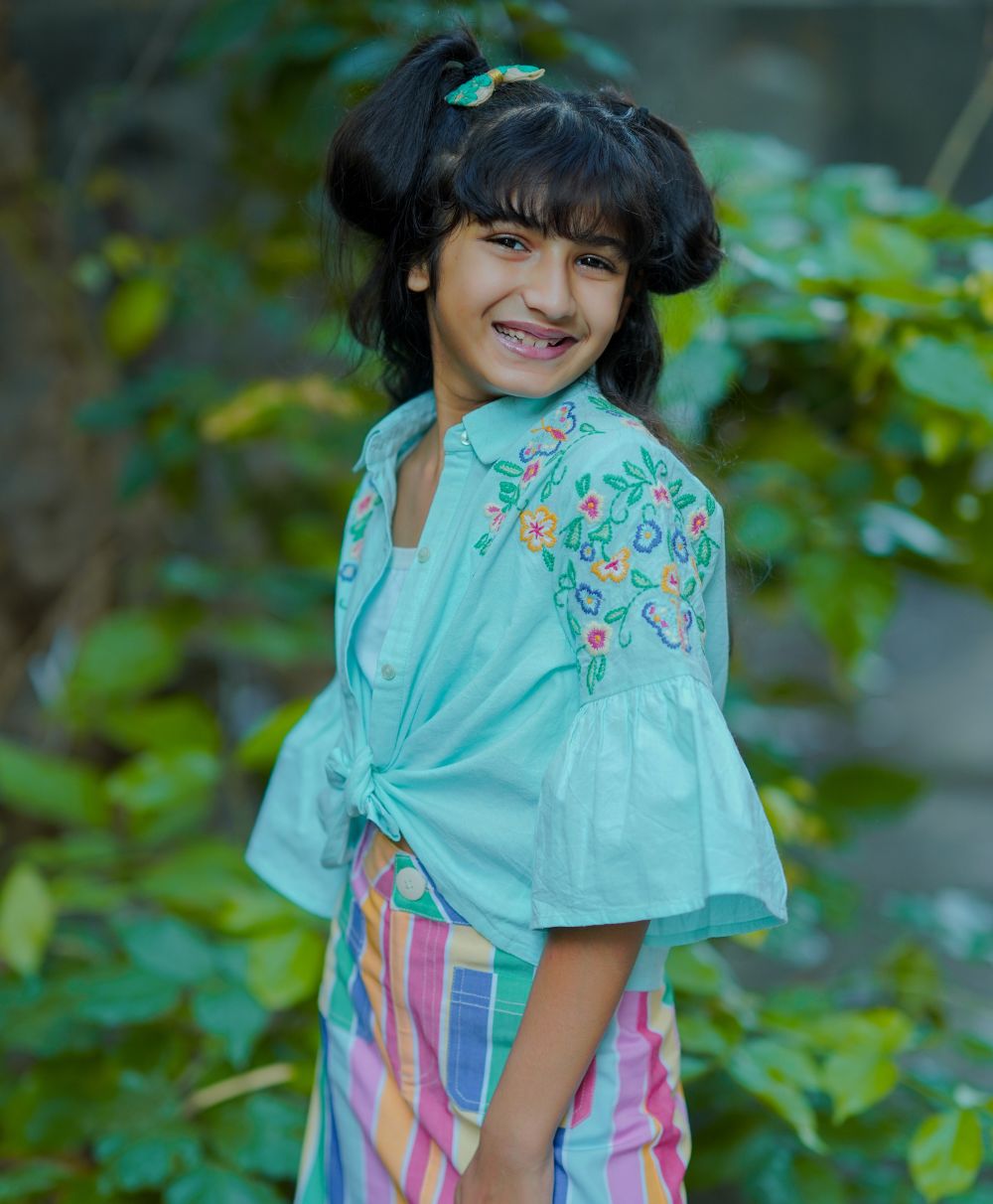 Cotton Shirt Rainbow Striped Skirt - Mint Green & Multicoloured