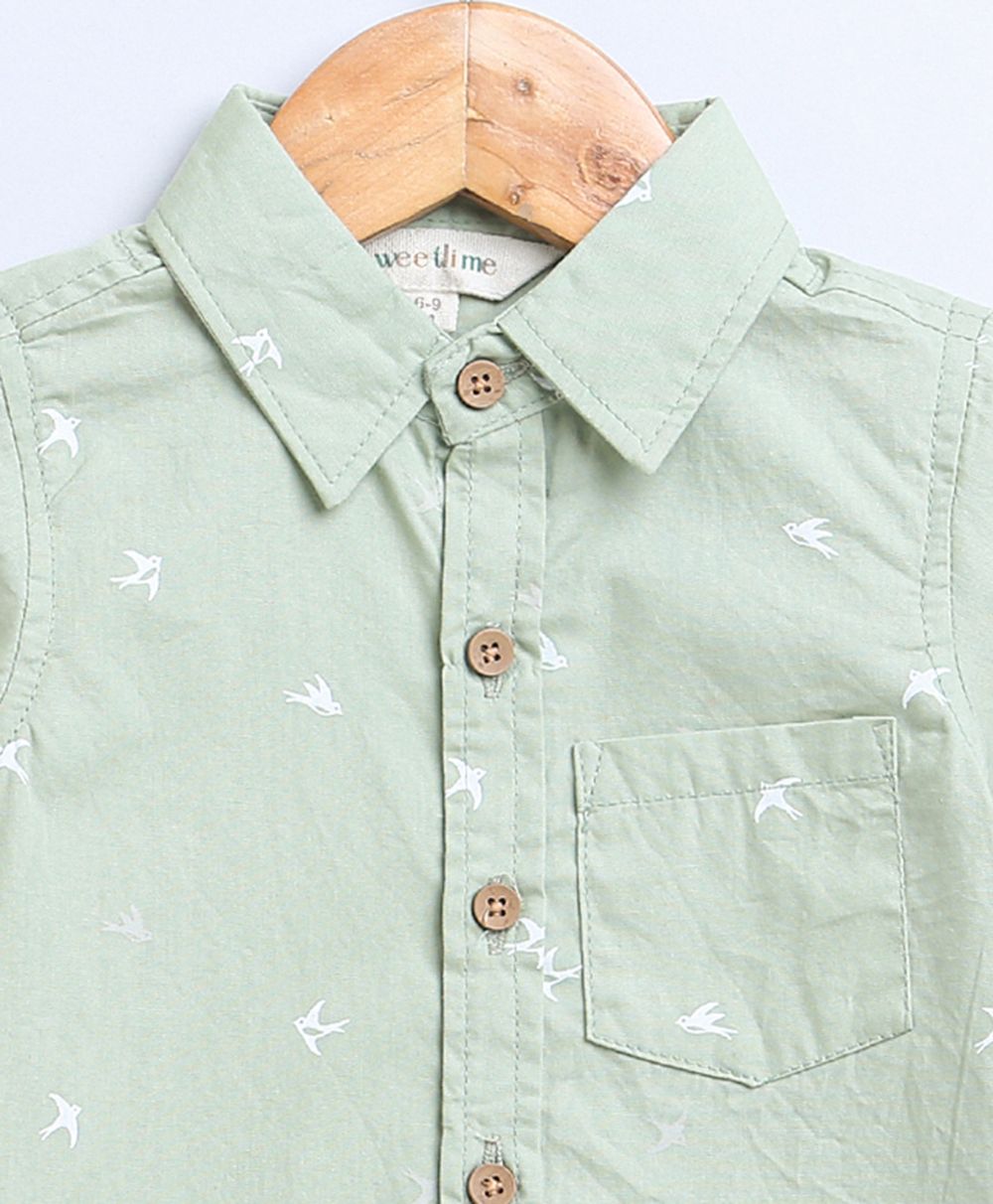 Bird Print Cotton Poplin Boys Shirt - Green