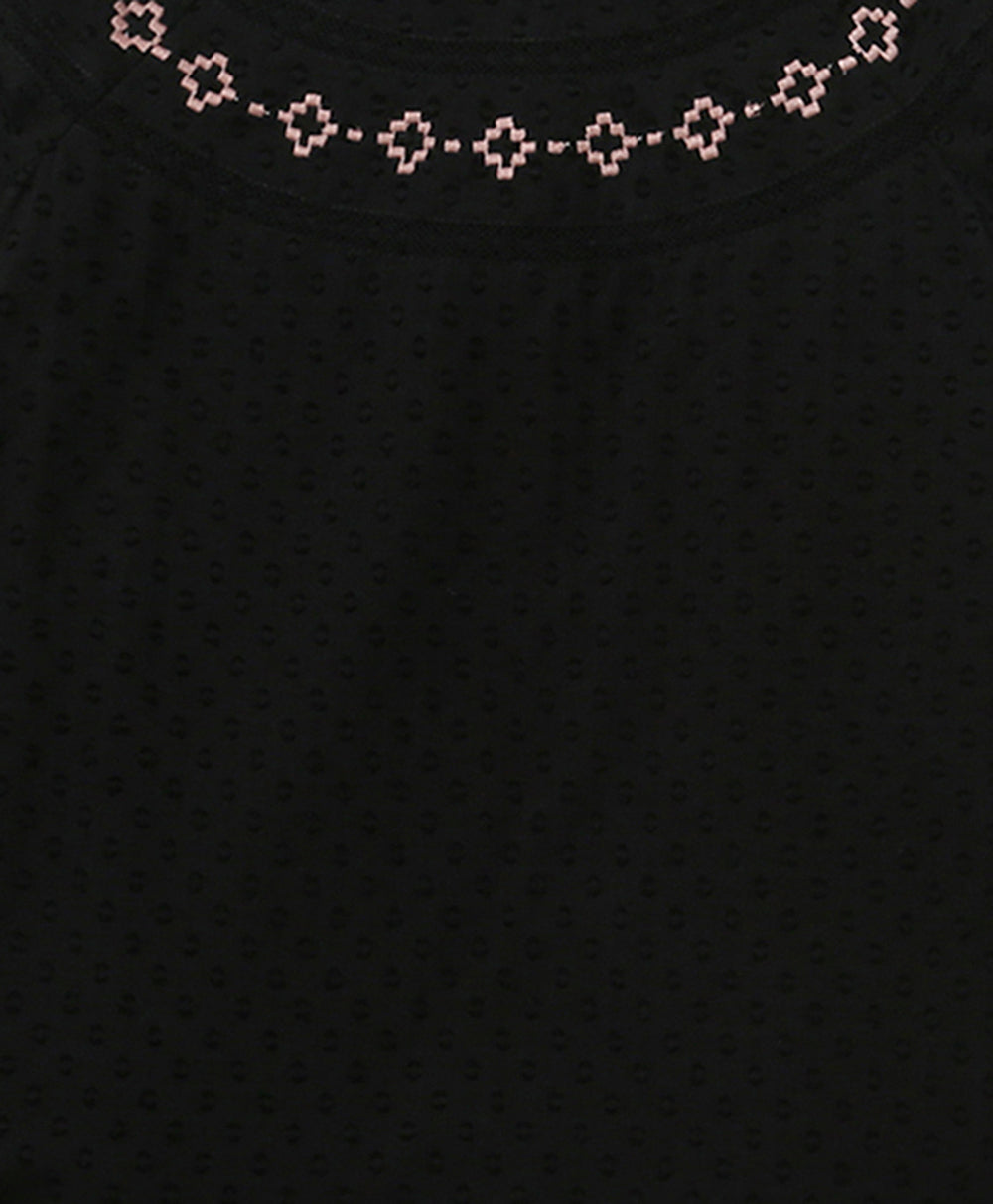 Embroidered Floral & Lace Trim Dress - Black
