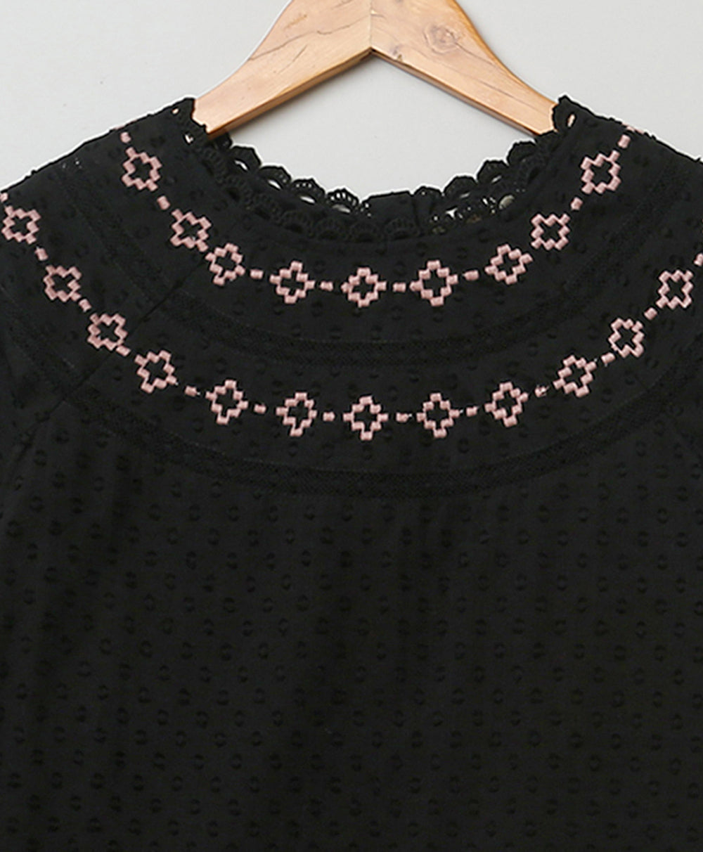 Embroidered Floral & Lace Trim Dress - Black