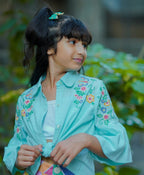 Cotton Shirt Rainbow Striped Skirt - Mint Green & Multicoloured