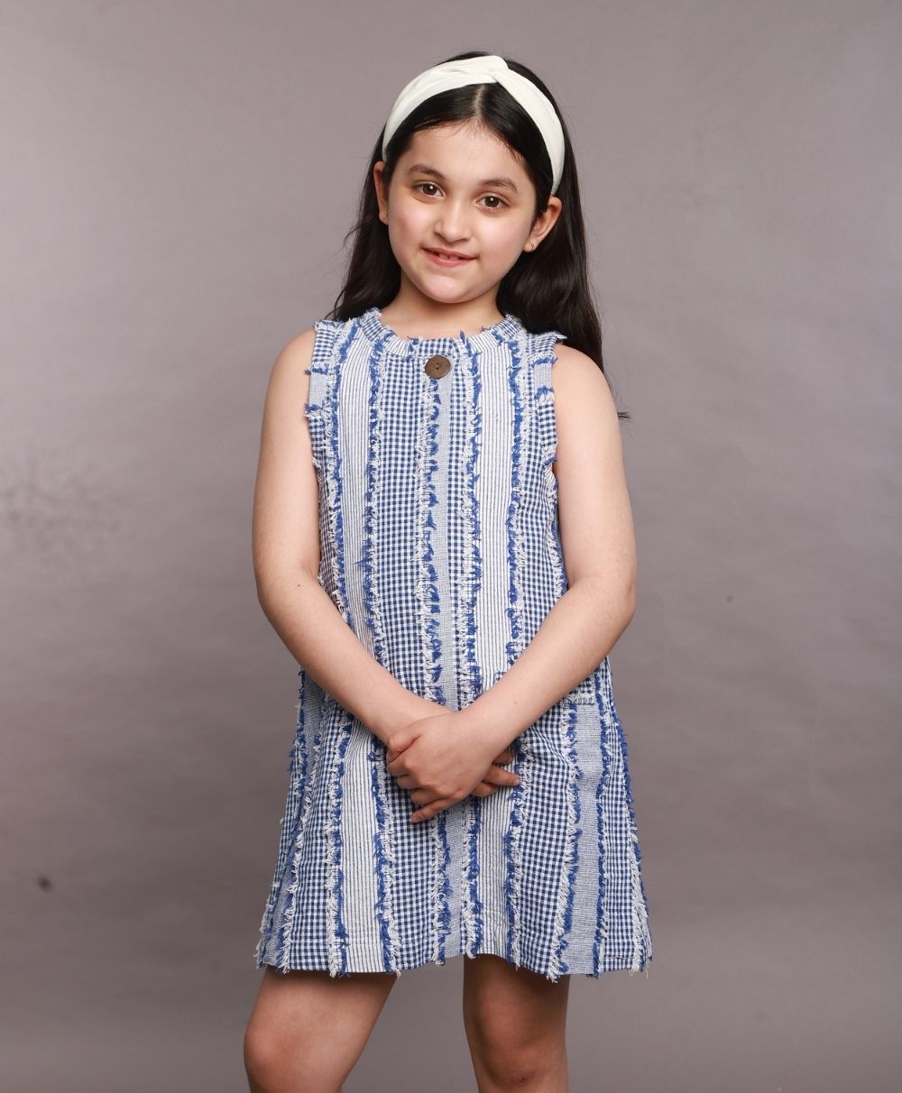 Jacquard Striped Checks Sleeveless Dress - Blue & White