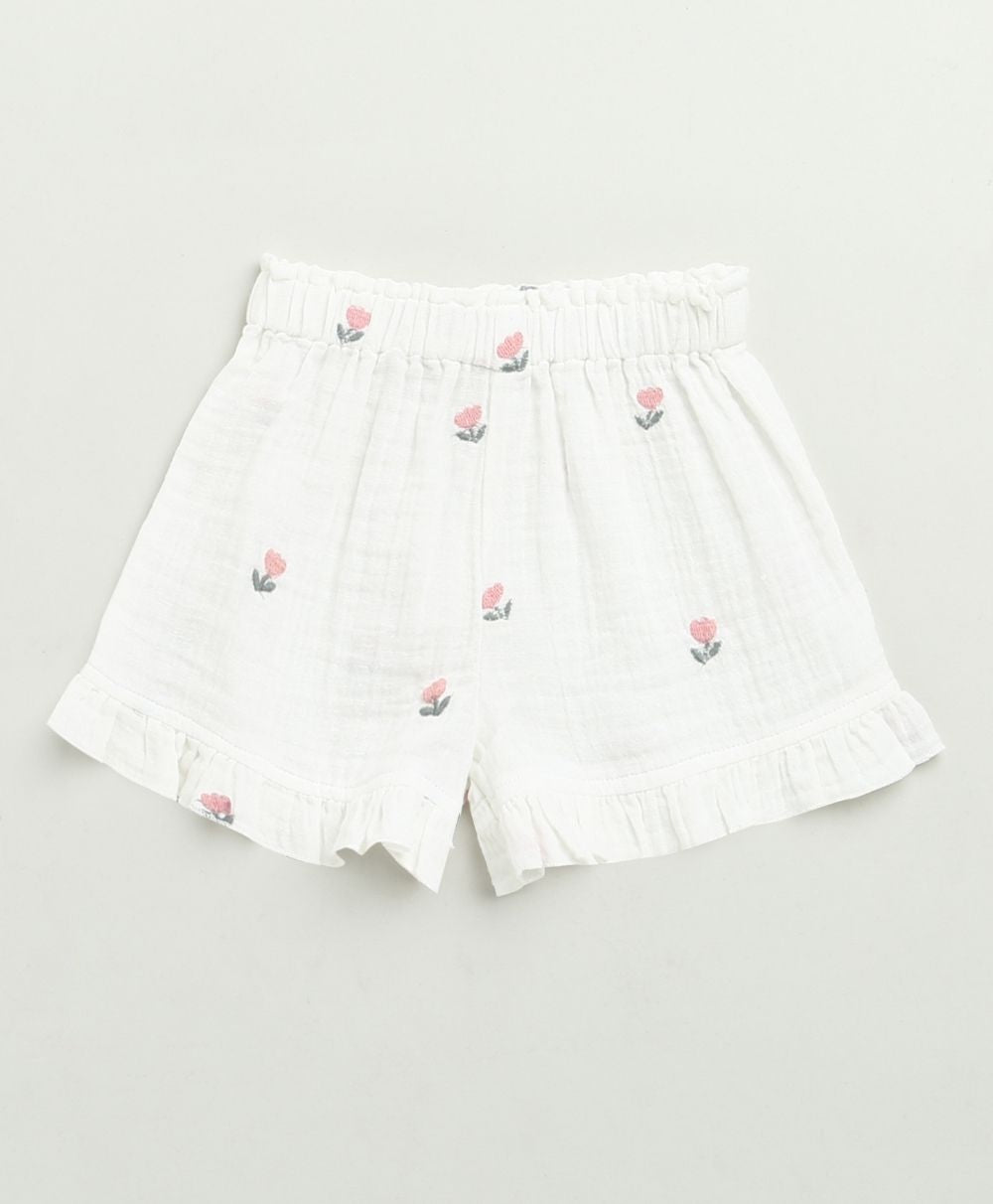 Pink Floral Embroidery Ruffle Organic Cotton Co-ord Set - White