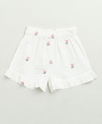 Pink Floral Embroidery Ruffle Organic Cotton Co-ord Set - White