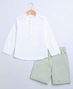 Full Sleeves Striped Cotton Shirt & Cotton Slub Shorts - White & Green