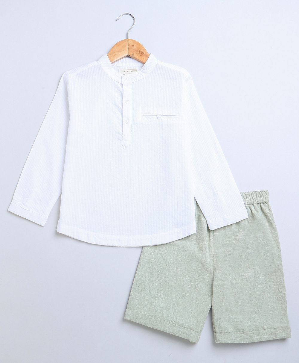 Full Sleeves Striped Cotton Shirt & Cotton Slub Shorts - White & Green