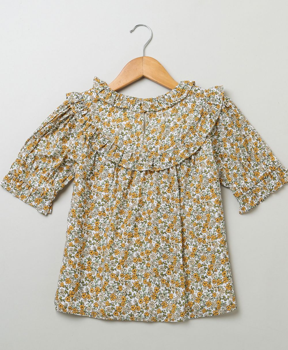 Floral Printed Blouse & Polka Dot Printed A line Skirt with Front Pocket - Multicolored