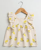 Lemon Print Ruffle Organic Cotton Co-ord Set - Beige