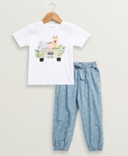 Safari Buddies Cotton T-shirt & Cotton Denim Heart Printed Pants Set - White & Blue