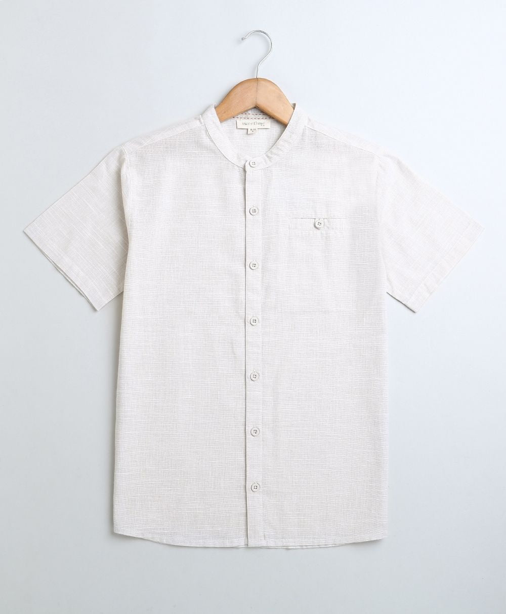 Mandarin Collar Half Sleeves Cotton Linen Shirt - White