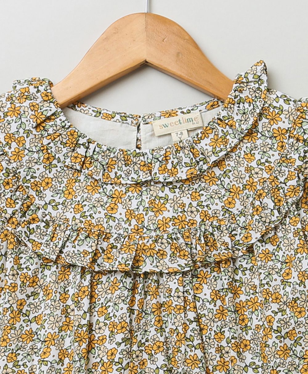 Floral Printed Blouse & Polka Dot Printed A line Skirt with Front Pocket - Multicolored