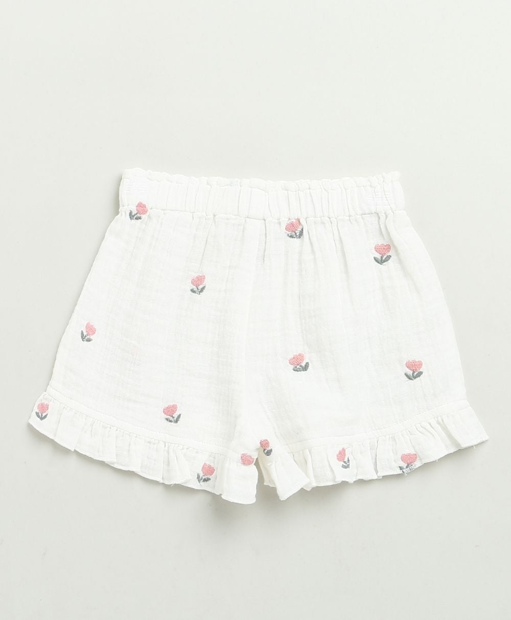 Pink Floral Embroidery Ruffle Organic Cotton Co-ord Set - White