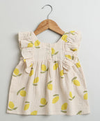 Lemon Print Ruffle Organic Cotton Co-ord Set - Beige