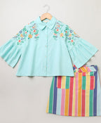 Cotton Shirt Rainbow Striped Skirt - Mint Green & Multicoloured