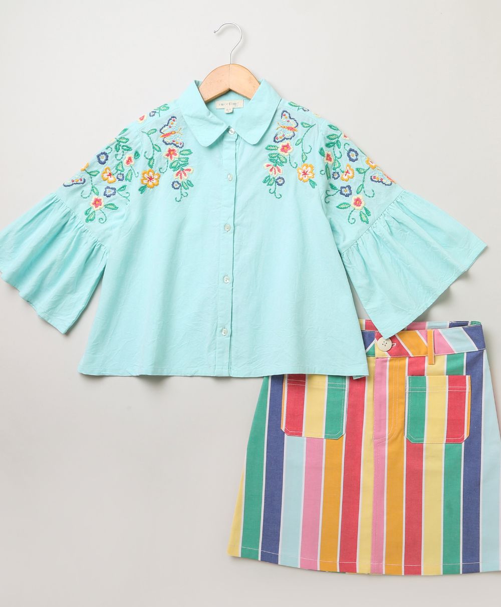 Cotton Shirt Rainbow Striped Skirt - Mint Green & Multicoloured