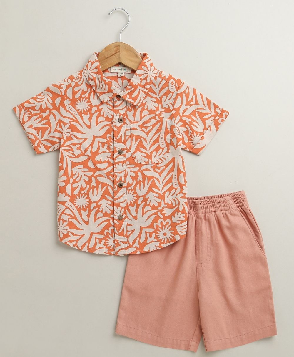 Baby Boys Tropical Bloom Cotton Co-ord Set - Orange & Peach
