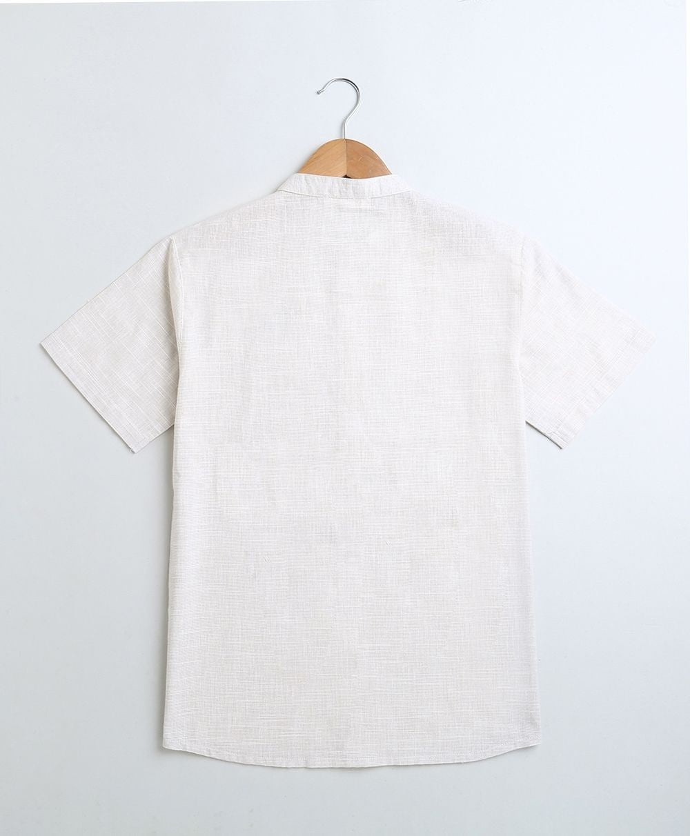 Mandarin Collar Half Sleeves Cotton Linen Shirt - White