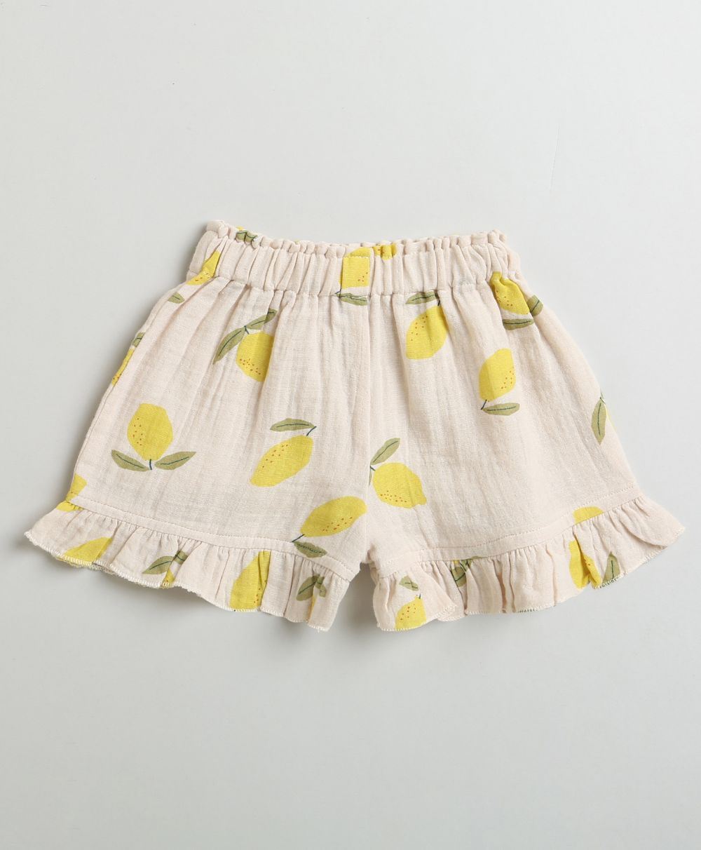Lemon Print Ruffle Organic Cotton Co-ord Set - Beige