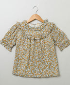 Floral Printed Blouse & Polka Dot Printed A line Skirt with Front Pocket - Multicolored