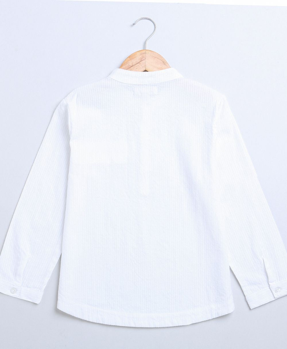Full Sleeves Striped Cotton Shirt & Cotton Slub Shorts - White & Green