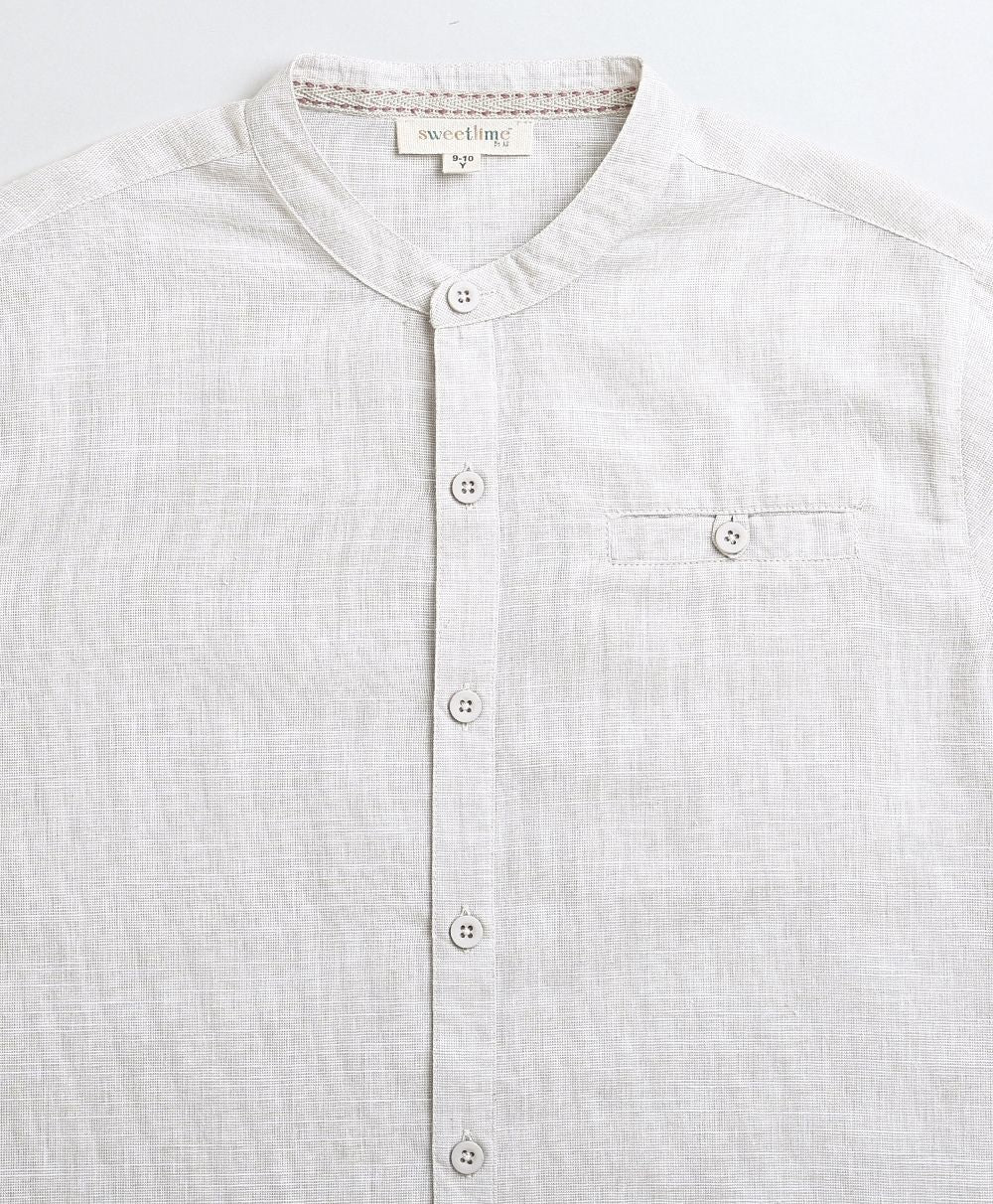 Mandarin Collar Half Sleeves Cotton Linen Shirt - White