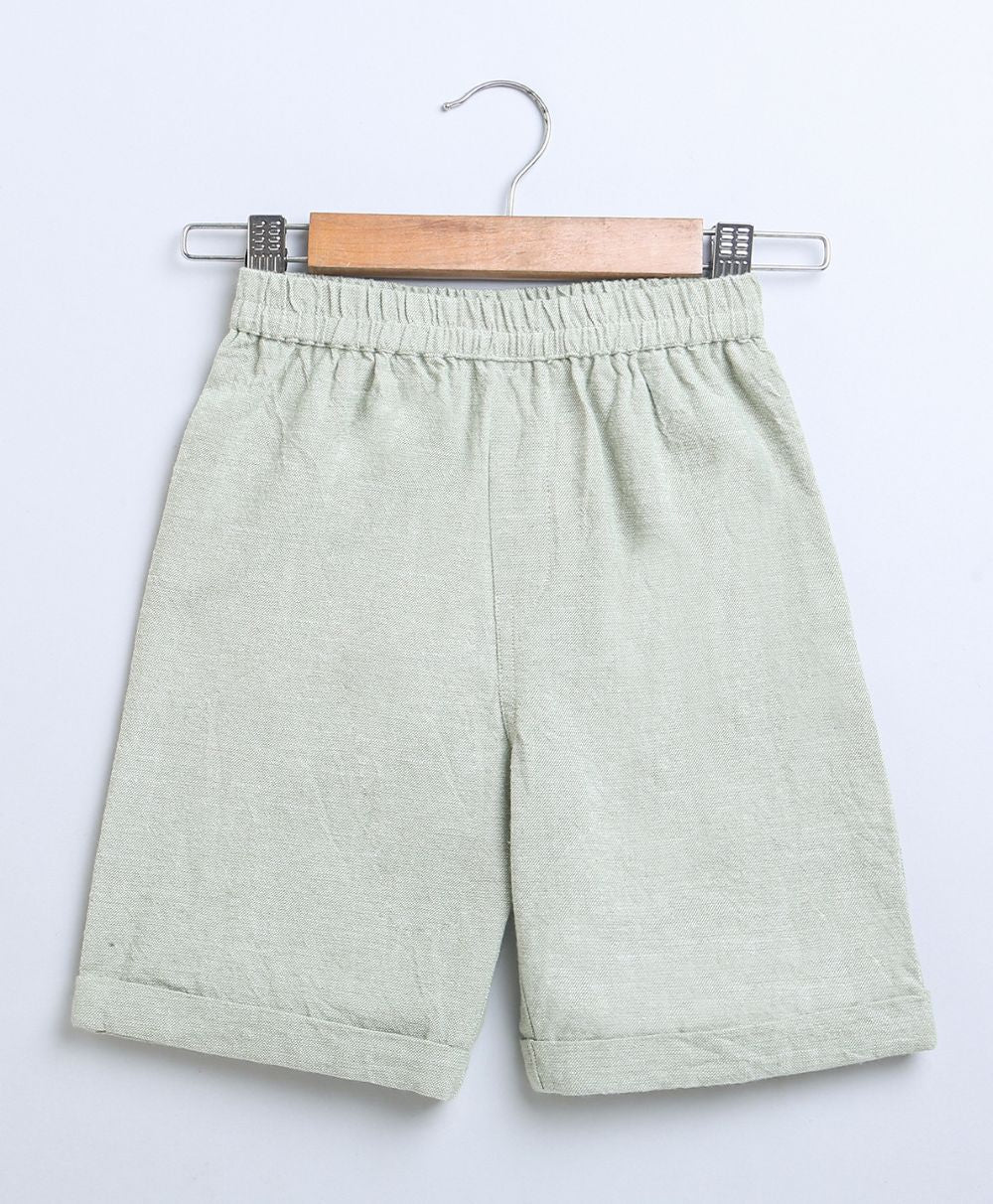 Full Sleeves Striped Cotton Shirt & Cotton Slub Shorts - White & Green