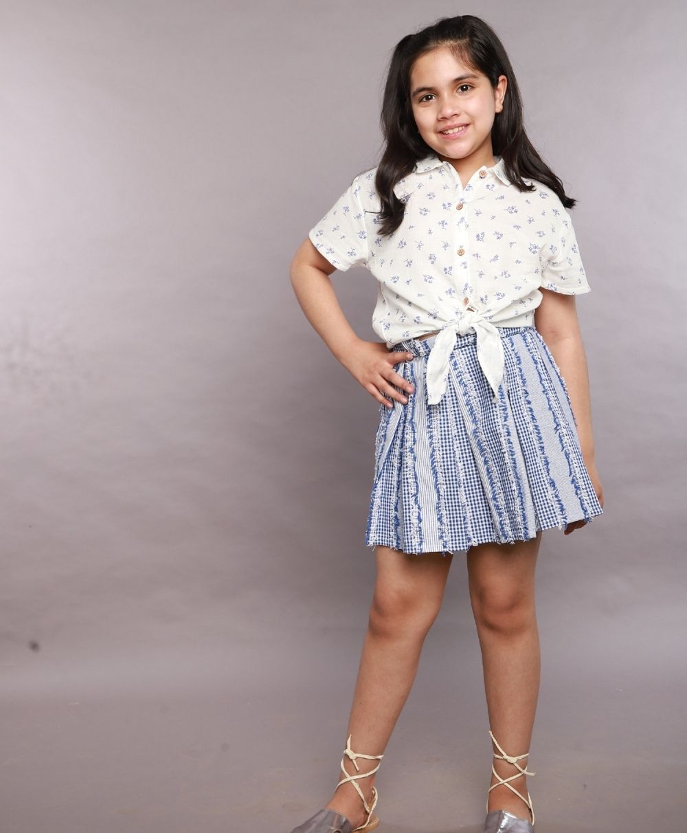 Stylish Floral Print Shirt & Cotton Jacquard Skirt Set - White & Blue