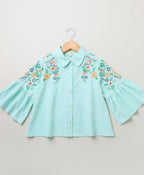 Cotton Shirt Rainbow Striped Skirt - Mint Green & Multicoloured