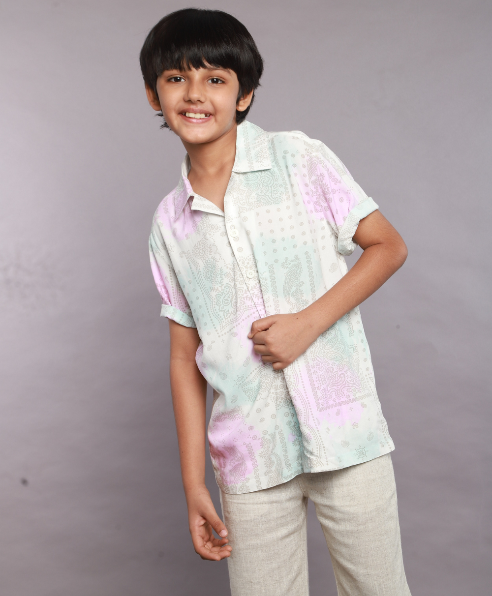 Blue & Pink Tie Dye Cotton Viscose Shirt - White