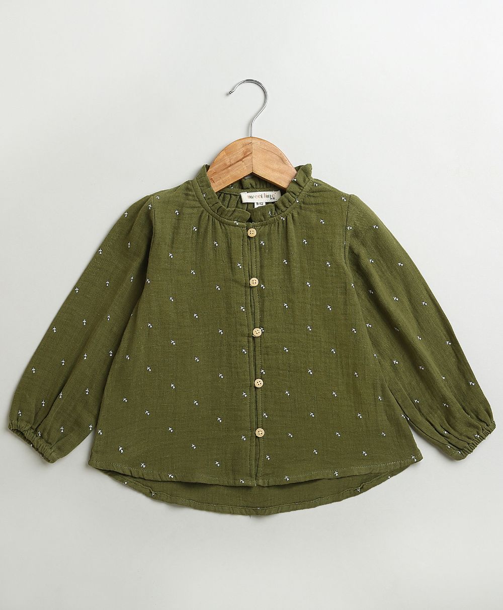All-Over Floral Printed Olive Green Shirt