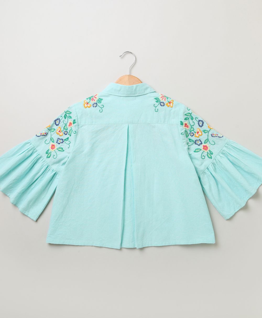 Cotton Shirt Rainbow Striped Skirt - Mint Green & Multicoloured