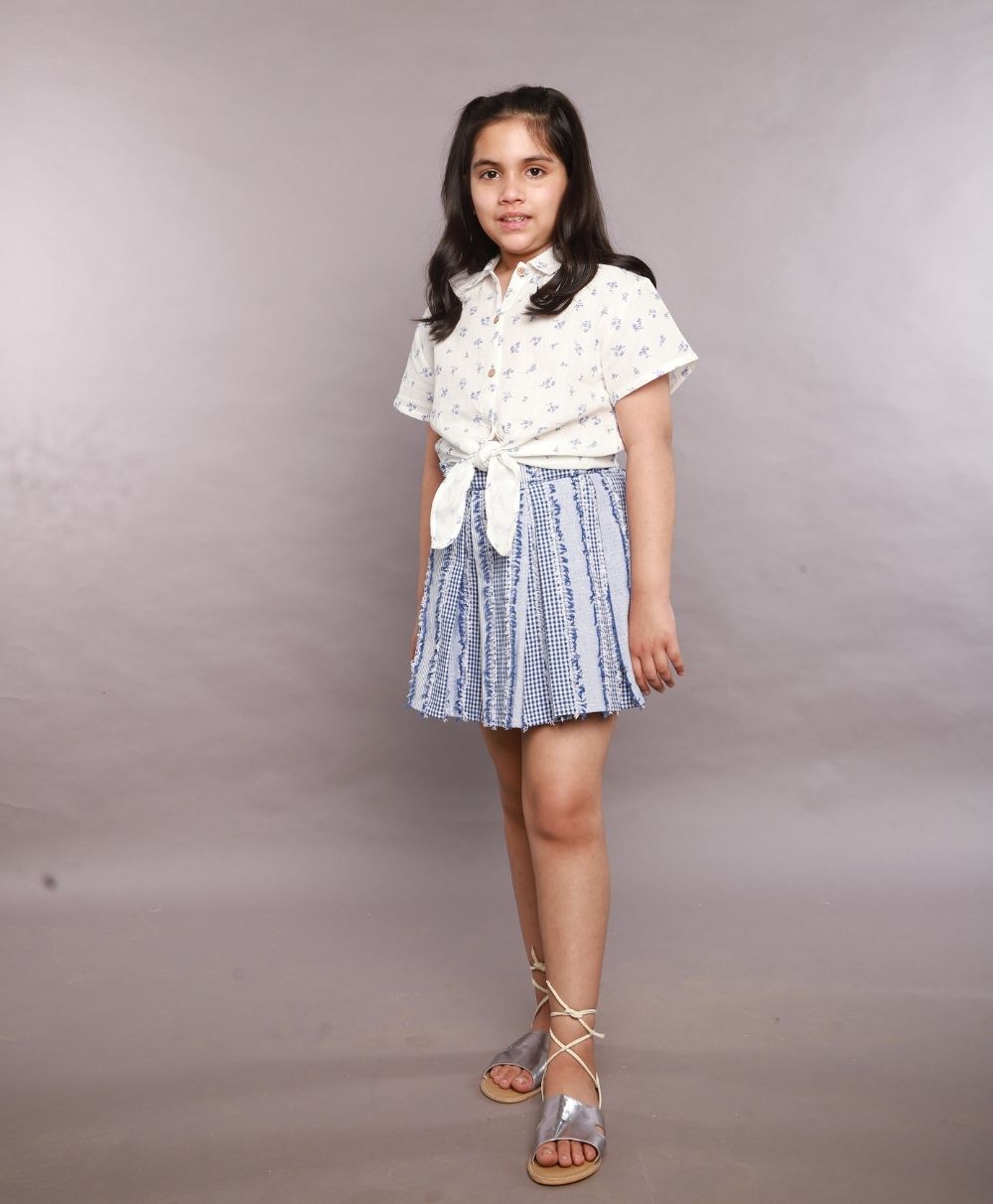 Stylish Floral Print Shirt & Cotton Jacquard Skirt Set - White & Blue