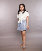 Stylish Floral Print Shirt & Cotton Jacquard Skirt Set - White & Blue
