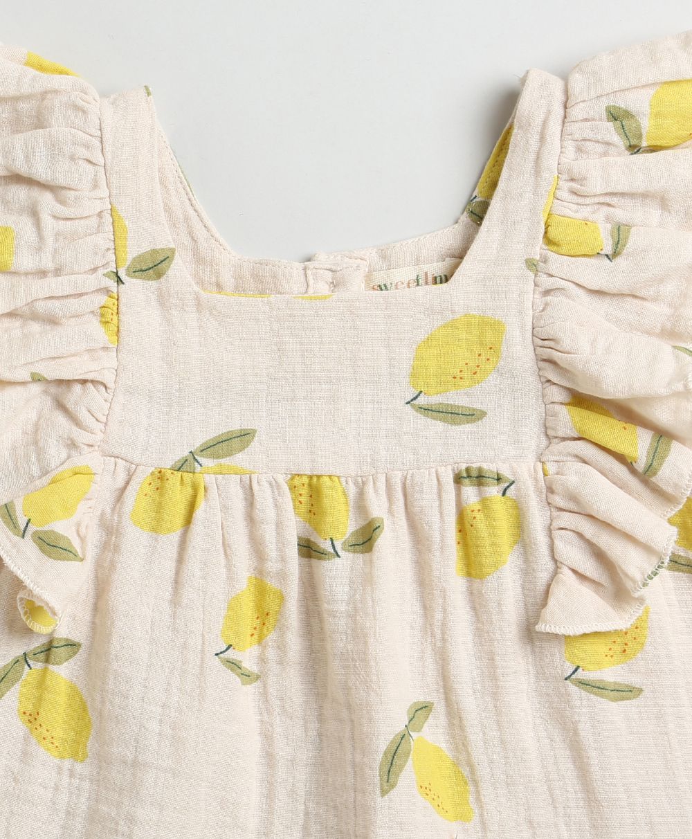 Lemon Print Ruffle Organic Cotton Co-ord Set - Beige