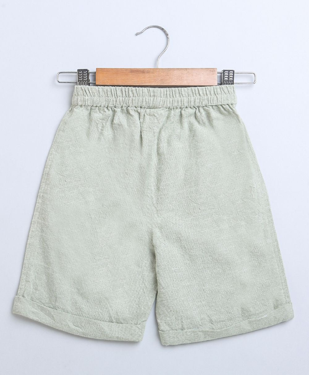 Full Sleeves Striped Cotton Shirt & Cotton Slub Shorts - White & Green