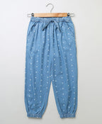 Cotton Denim Heart Printed Pants - Blue