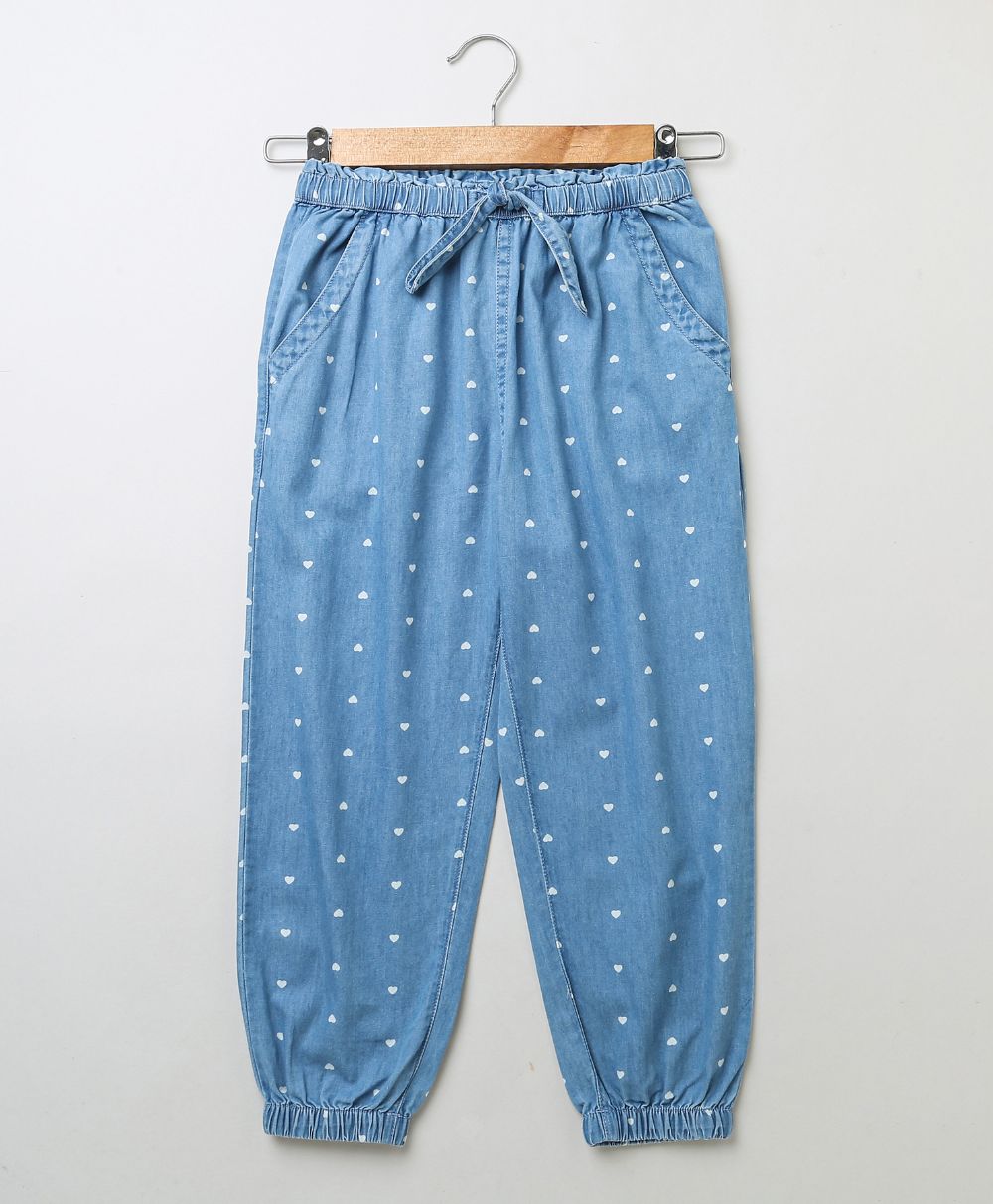 Cotton Denim Heart Printed Pants - Blue
