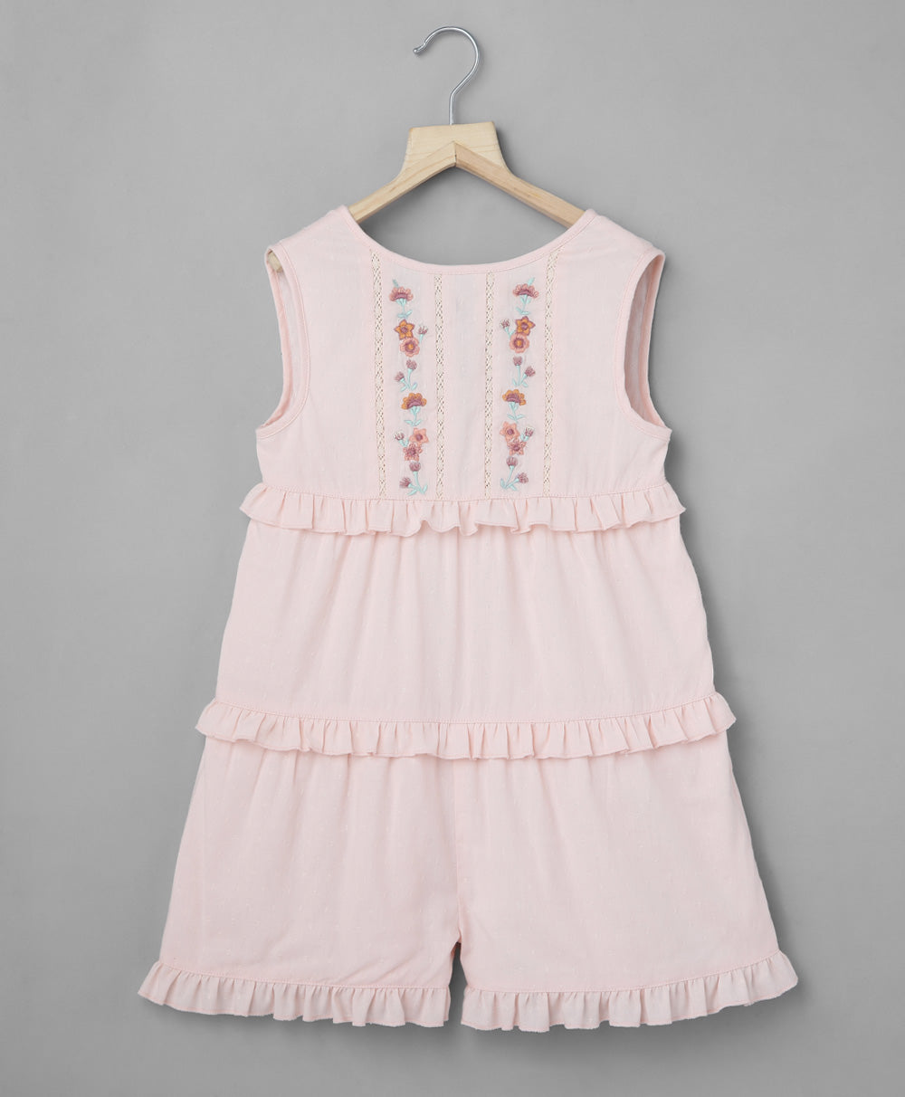 Dobby Playsuit with Ditsy Floral Embroidery - Pink