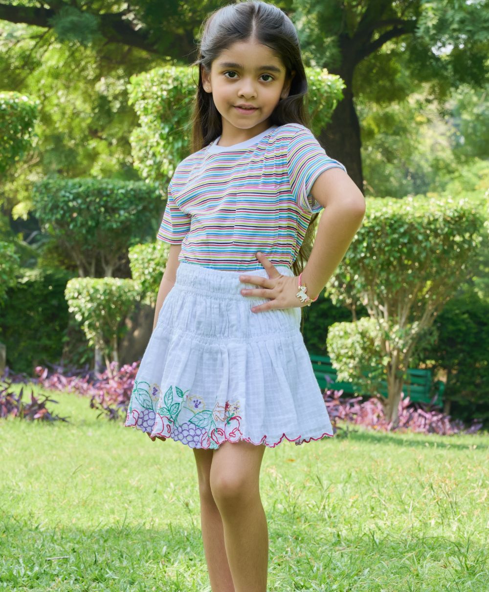 Multicolored Striped  T-shirt & Embroidery Cotton Skirt - White