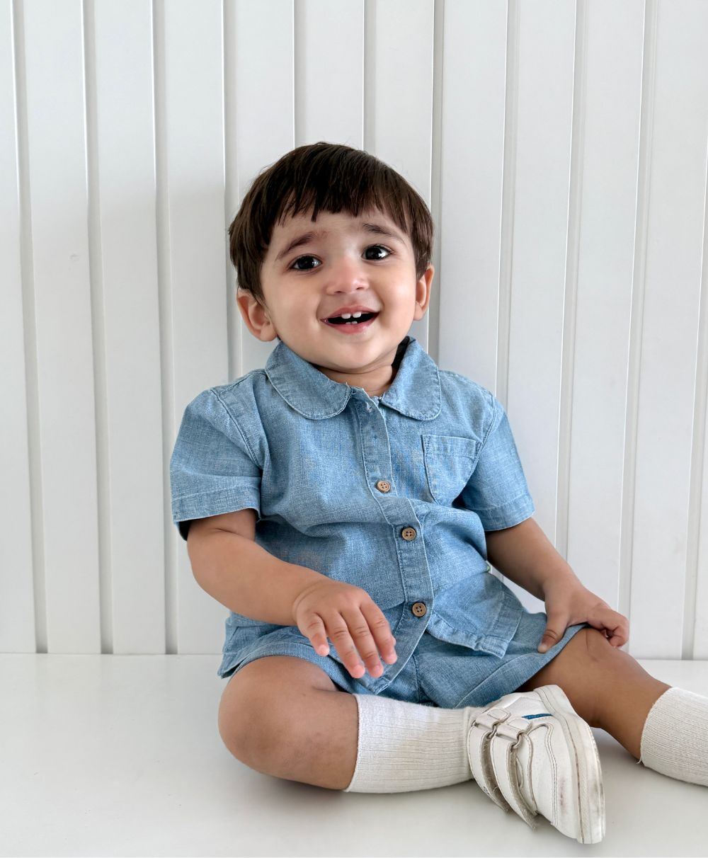Cotton Denim Shirt & Shorts Co-ord Set - Blue