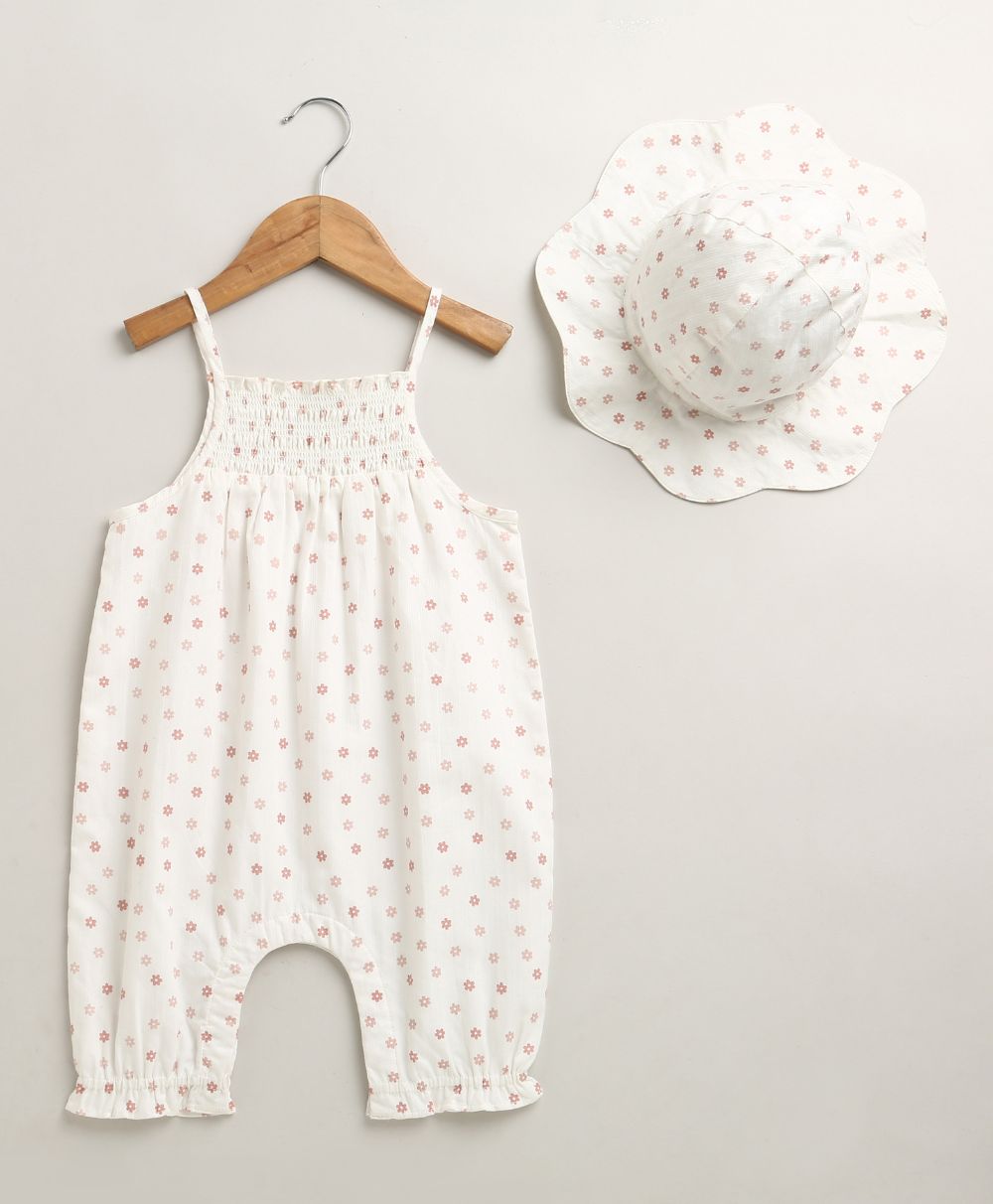 Baby Girls' Cotton Tiny Petal Summer Romper & Hat Set - White