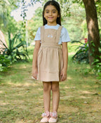 Cotton Twill Pinafore Dress with White Ducks Embroidery - Beige & White