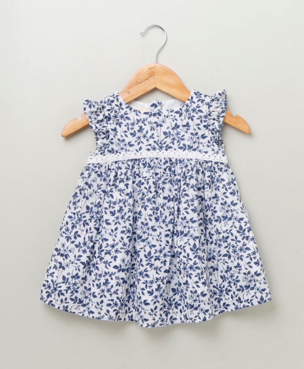 Floral Printed Flutter Sleeves Dress - White & Blue