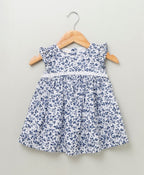 Floral Printed Flutter Sleeves Dress - White & Blue