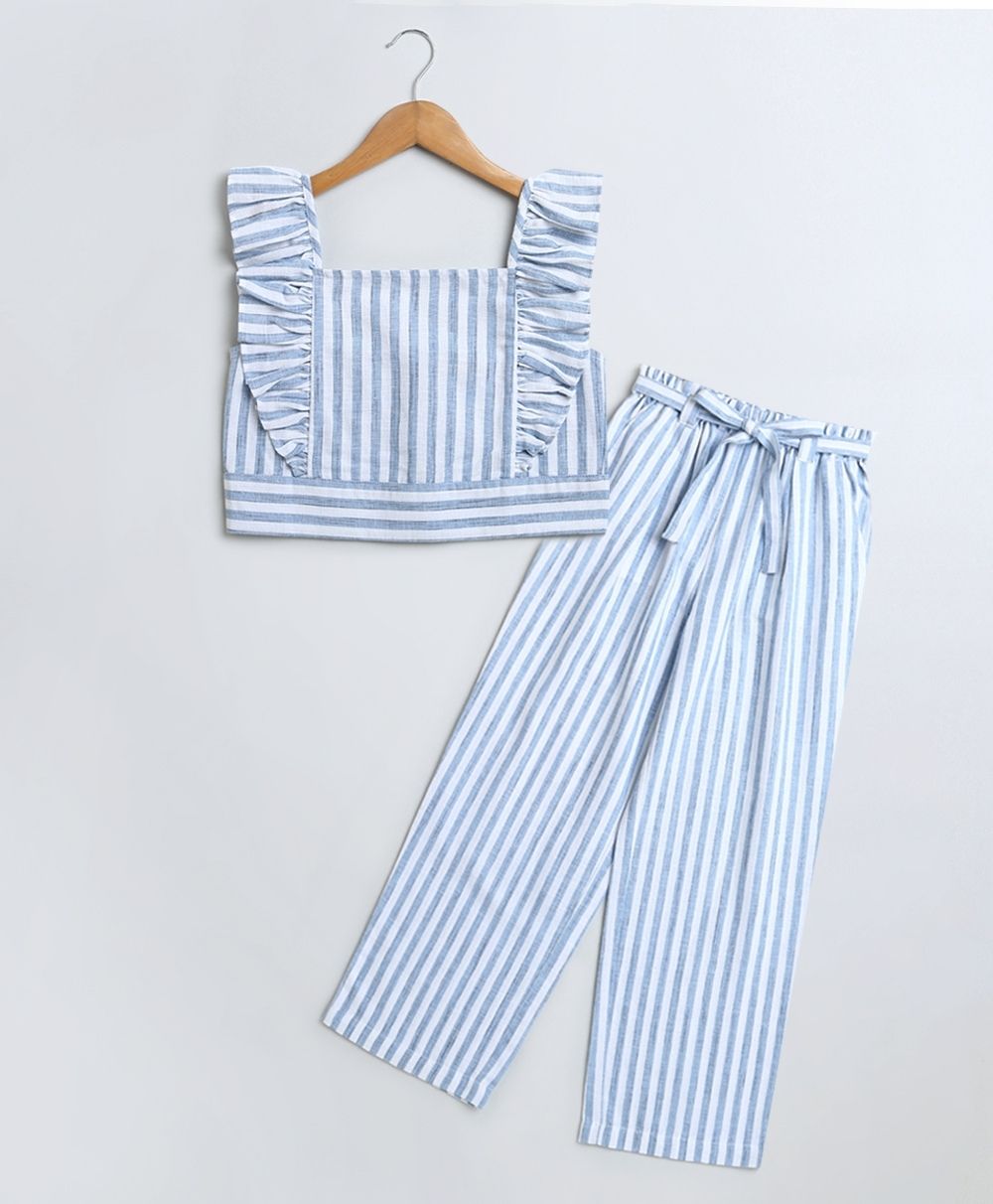 Striped Cotton Co-ord Set - White & Blue