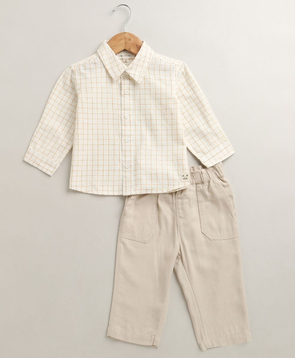 The yelllow Checks shirt  & Khaki Cotton Co-ord Set -  Biege